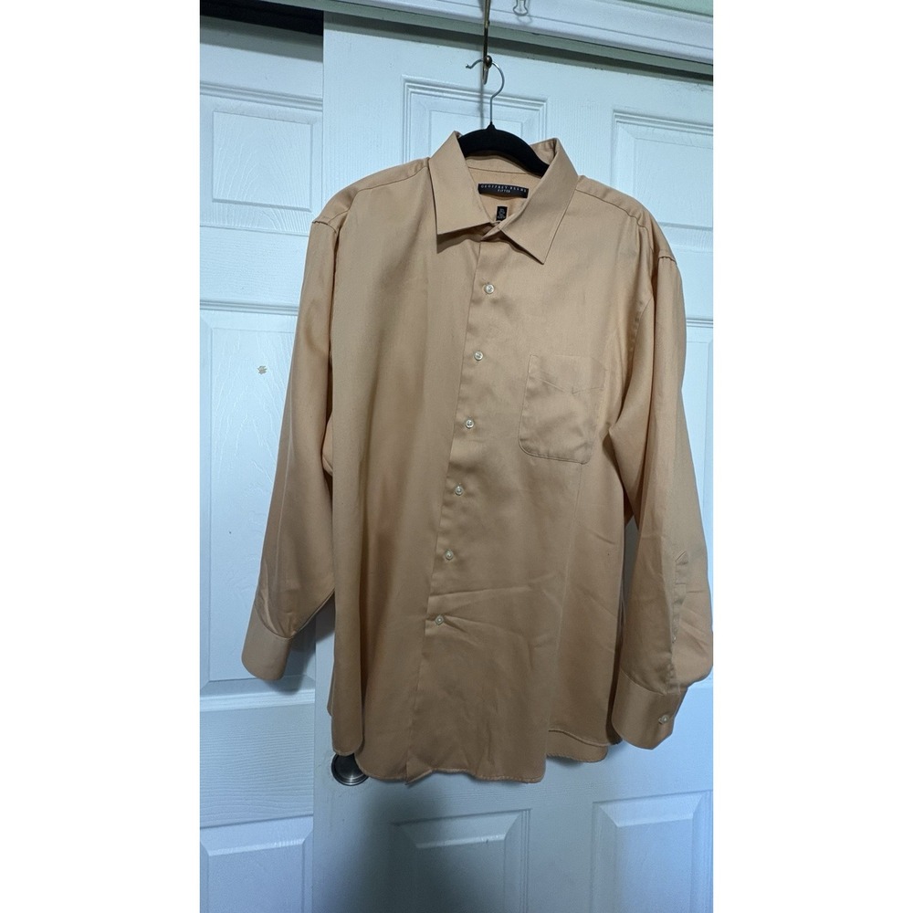 Geoffrey Beene Fitted Dress Shirt XL 17.5 32/33 Wrinkle Free Tan Peach Button Up